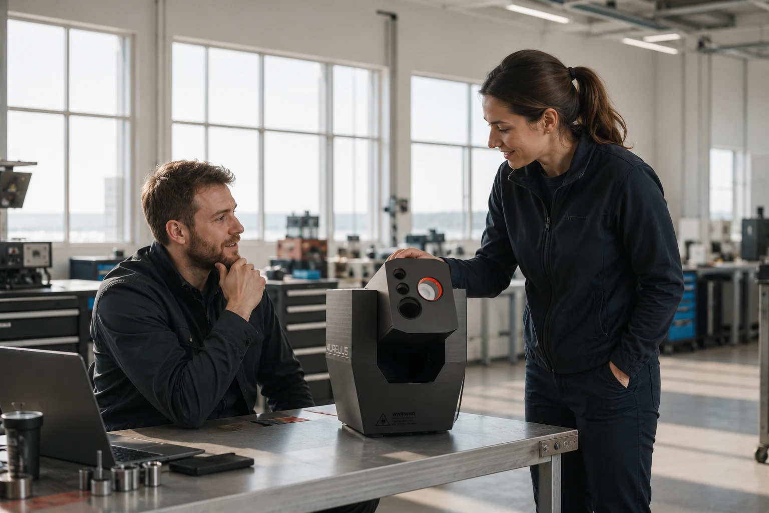 Engineering concept photograph: two engineers examining a compact Archimedes system on a bench in a bright, window-lit workshop.