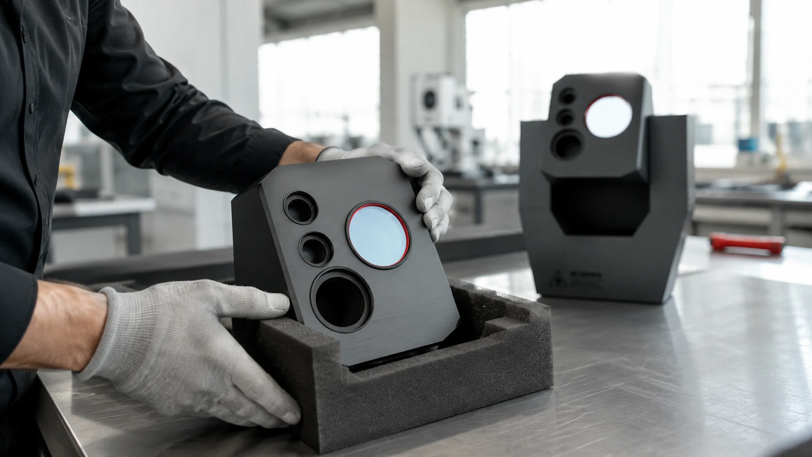 Visual concept photograph: a gloved technician placing a faceted charcoal Archimedes enclosure into protective foam on a steel bench in a daylit workspace.