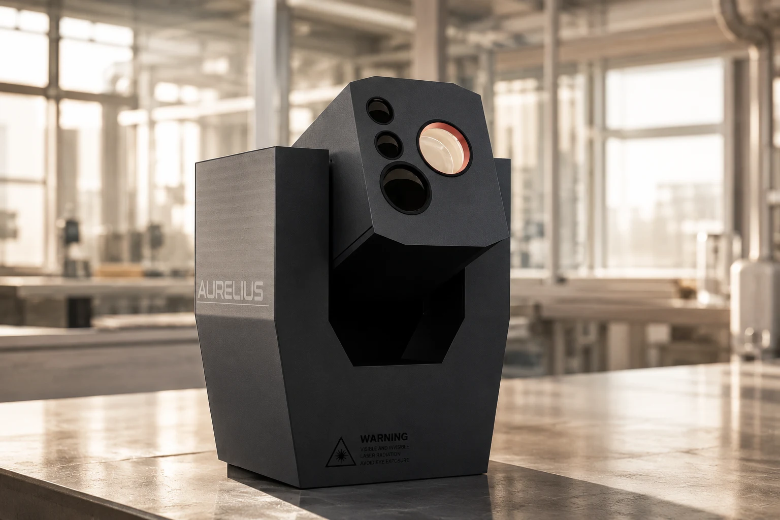 Visual concept photograph: the faceted charcoal Archimedes system on a workbench in a daylit workshop, showing three dark apertures and a pale coated optic with a red ring.